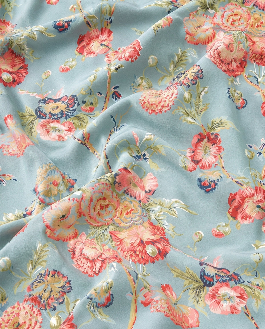 Hanami Blue print in motion — supplier visual, floral in coral, navy and sage on duck-egg blue