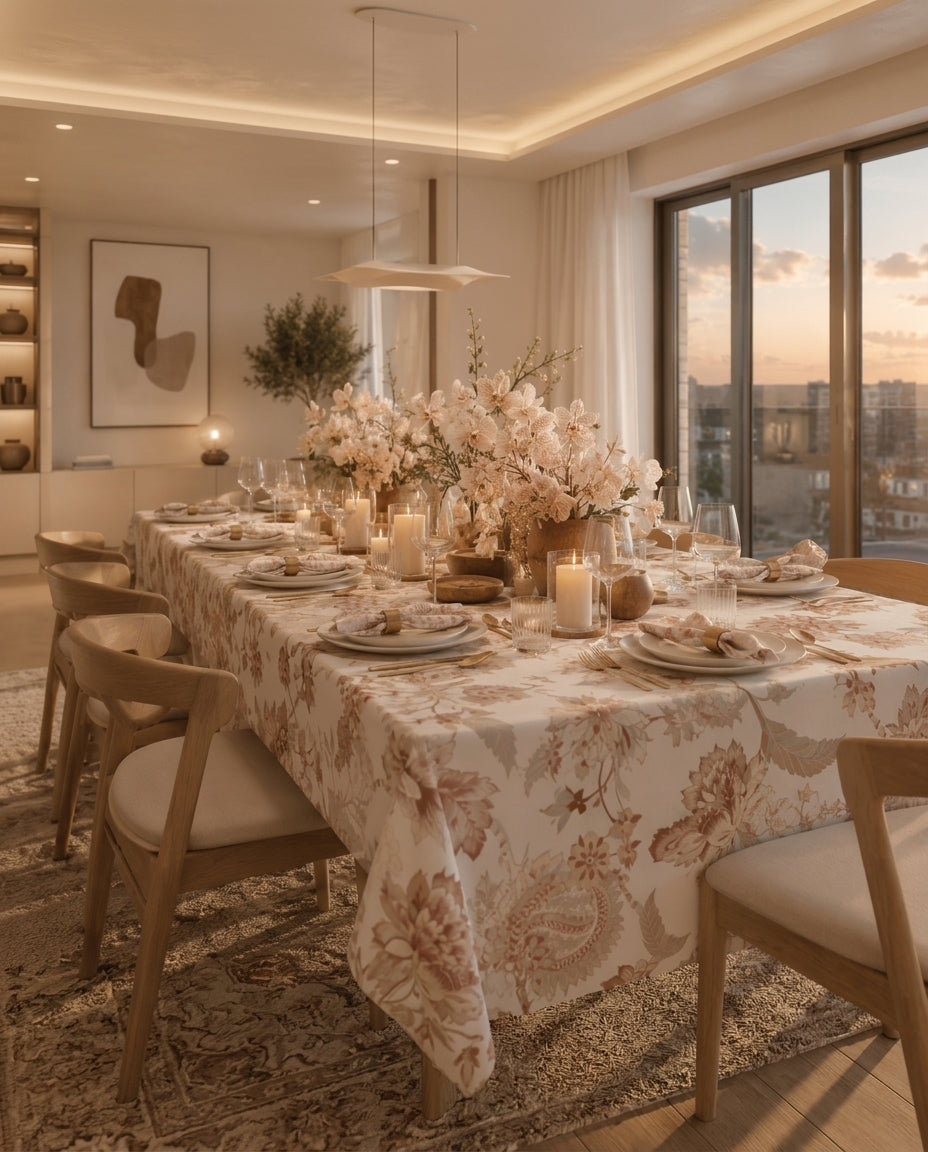 Heritage Bloom Natural tablecloth styled on a long formal dining table with warm neutral tones