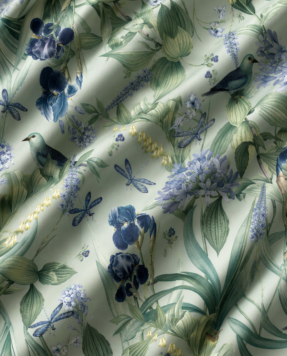 Idyllic tablecloth fabric close-up showing botanical pattern with irises, dragonflies and songbirds
