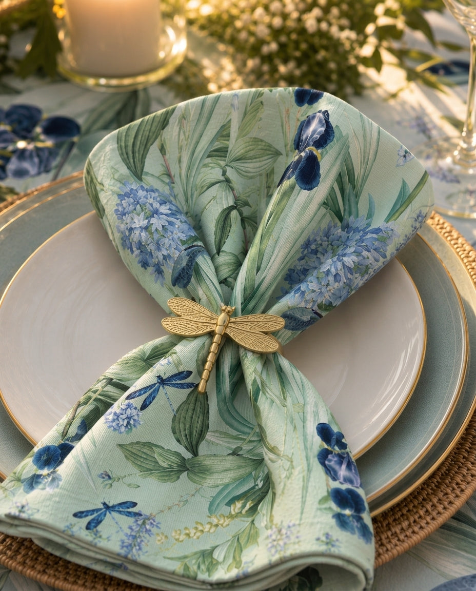 Idyllic napkin with botanical print styled on stacked plates with a gold dragonfly ring