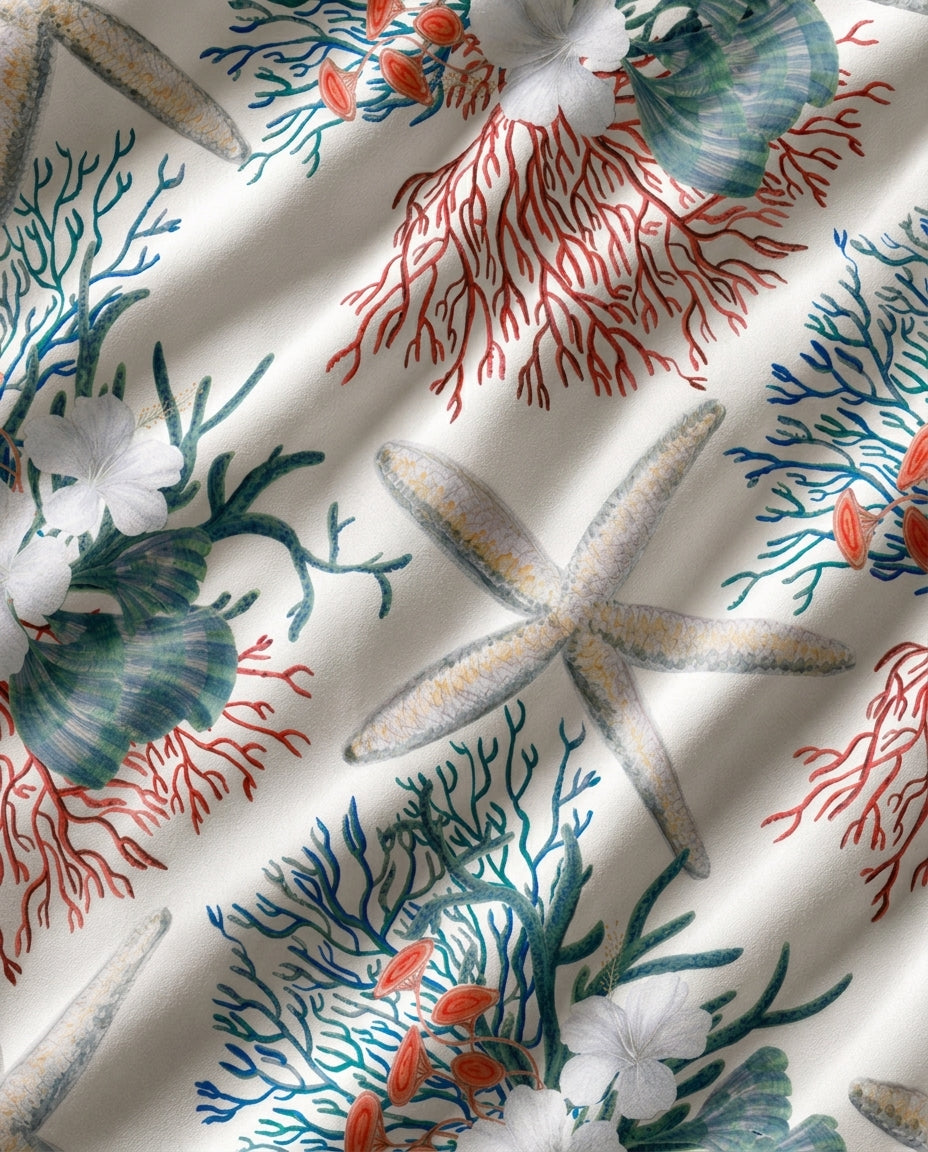 Reef Bloom gift box — tablecloth with matching napkin scrunchies, lifestyle table setting