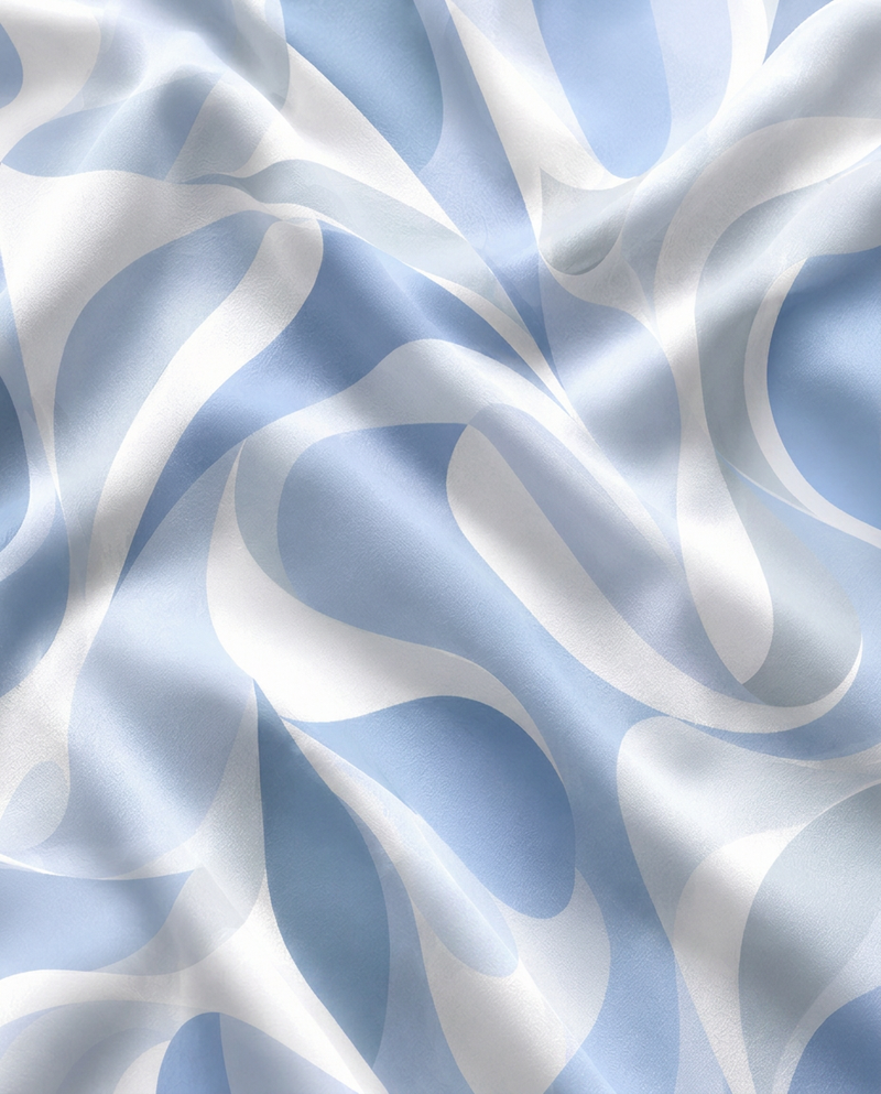 Riviera Blue fabric close-up showing abstract wave pattern in sky blue and white