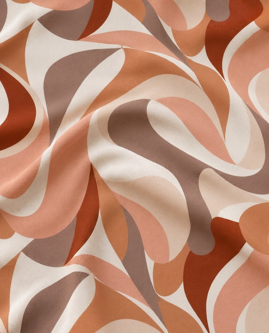Riviera Brown tablecloth fabric close-up showing abstract pattern in terracotta and rust tones