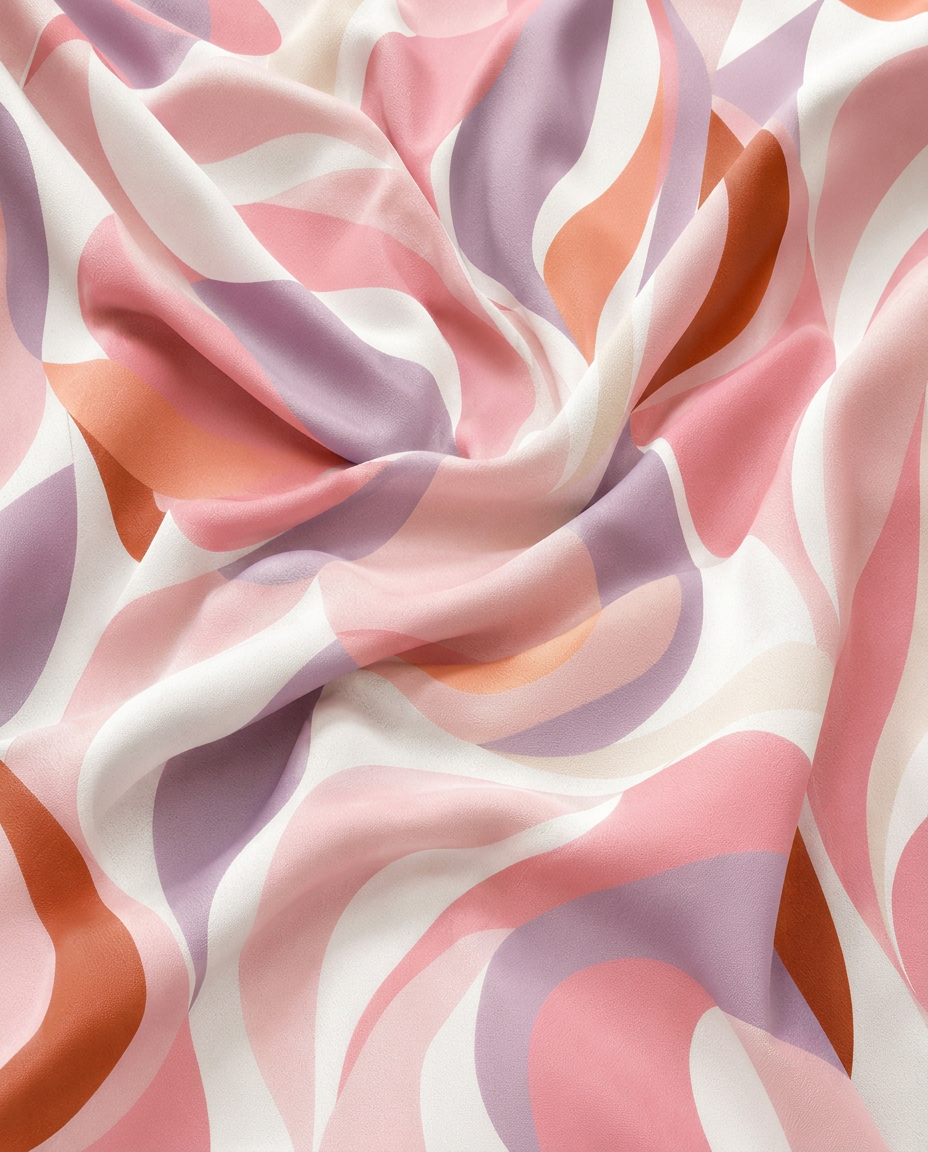 Riviera Pink tablecloth fabric close-up showing abstract wavy pattern in blush pink and coral
