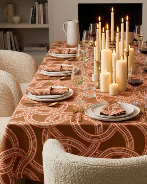 Marea gift box — Camel Brown tablecloth with matching napkin scrunchies, lifestyle table setting